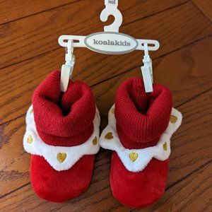 Koala Kids Red Bootie Slippers White Trim Yellow Hearts sz 6-12 months Toys R Us